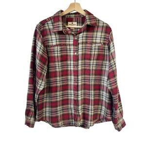 Woolrich Women’s Plaid Flannel Shirt Size L 10% Wool Blend Red Tan & Black